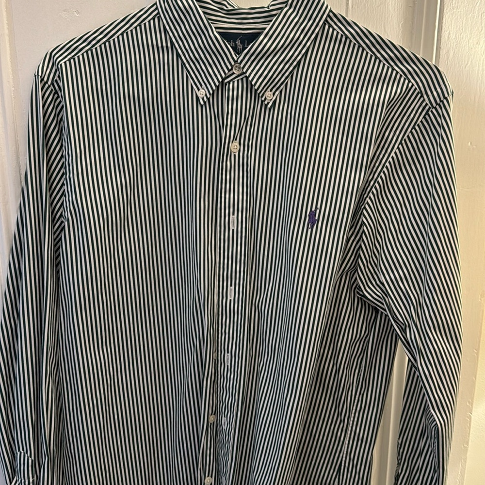 Men’s large, Ralph Lauren, button-down, green and white with purple logo.